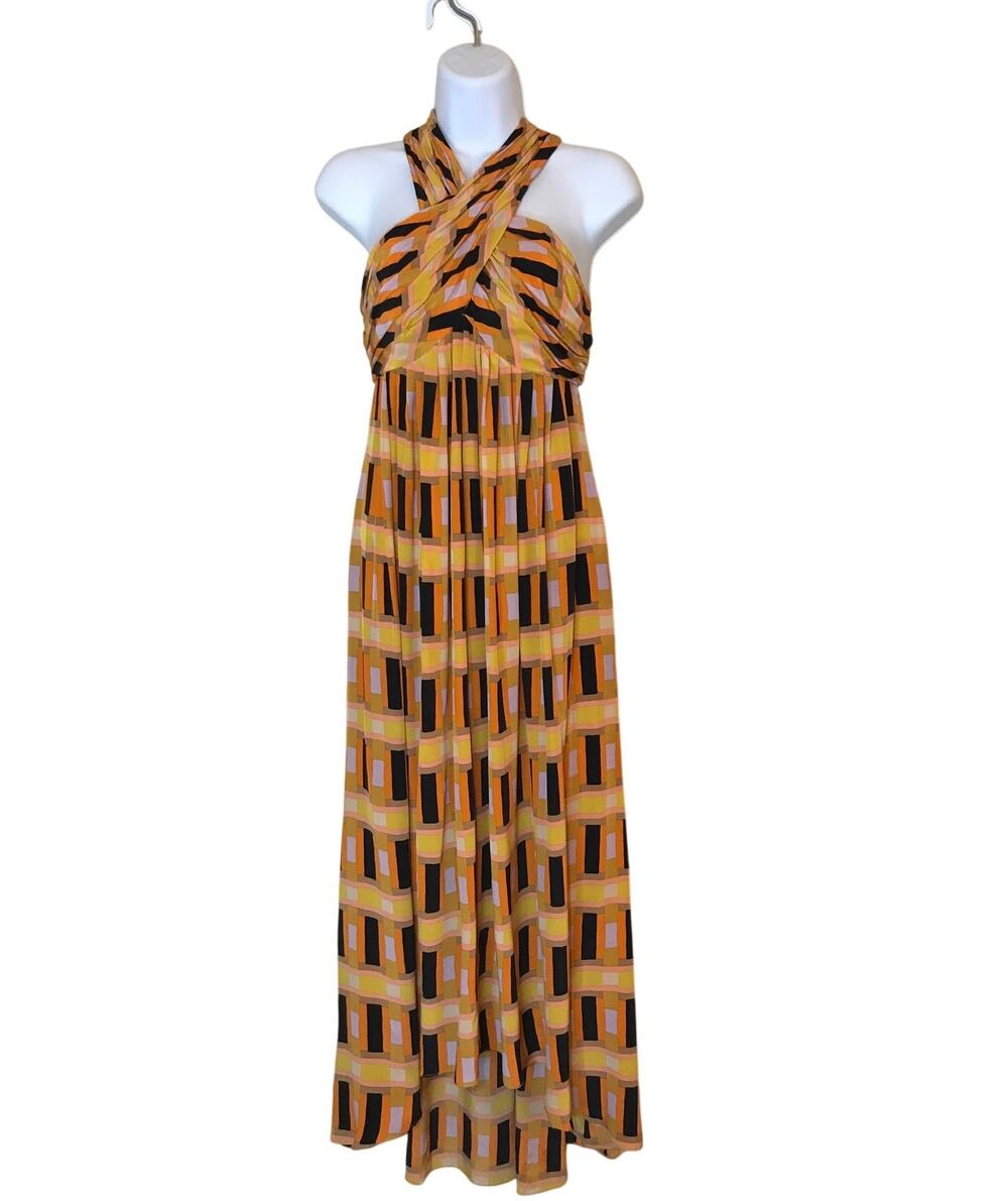 Tracy Reese Geometric Print Halter Hi Low Midi Dress 4 Silk
